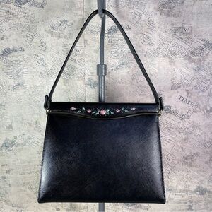 Etra Purse Vintage 1960's Black Leather French Hand painted with Pink Flowers